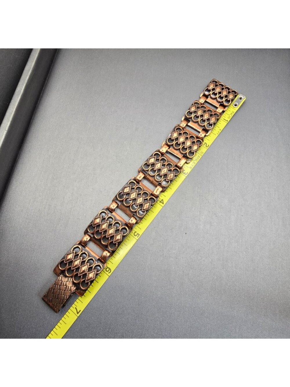 Vintage Copper Filigree Panel Bracelet 7" Wide Boho Geometric Link Statement - Picture 12 of 12